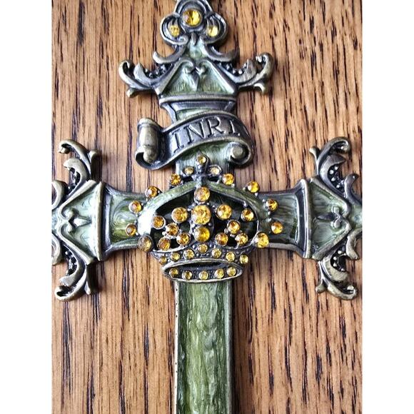Decorative Cross Ornament Green W/ Crown & Gold Rhinestones - Picture 4 of 5